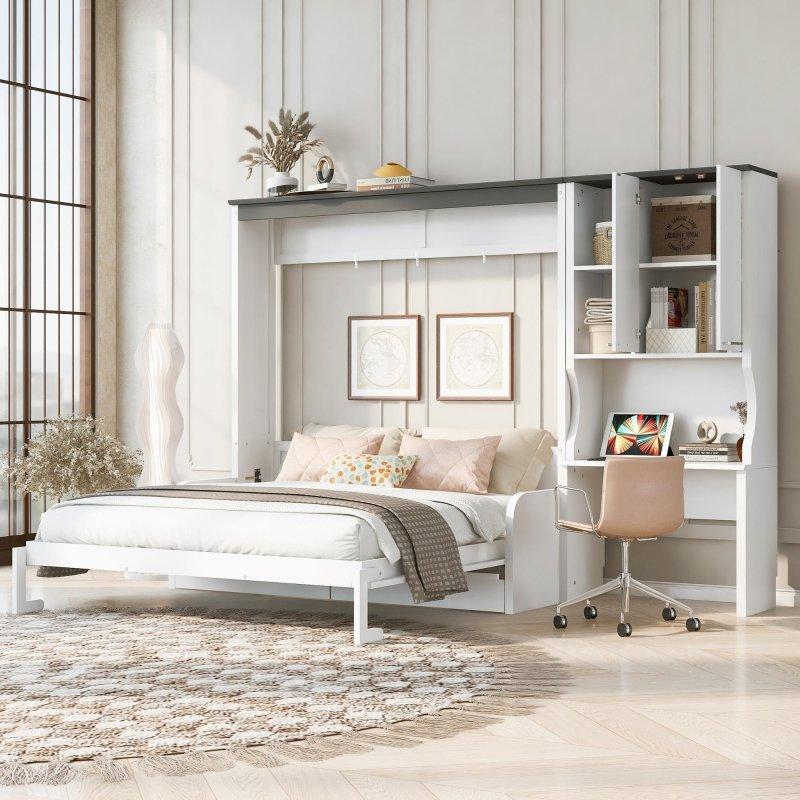 Beyaz MDF Katlanır Koltuklu Masalı ve Dolaplı Duvar Yatağı - 255x191x213 cm - 262641