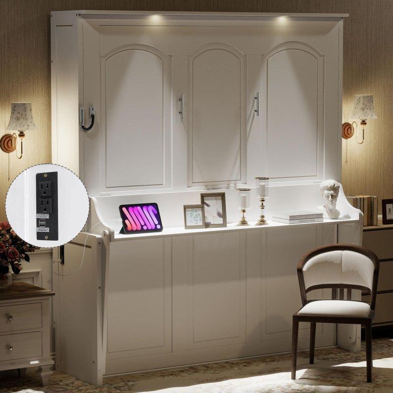 Beyaz MDF Katlanır Masalı USB Portlu ve LED Aydınlatmalı Duvar Yatağı - 266685