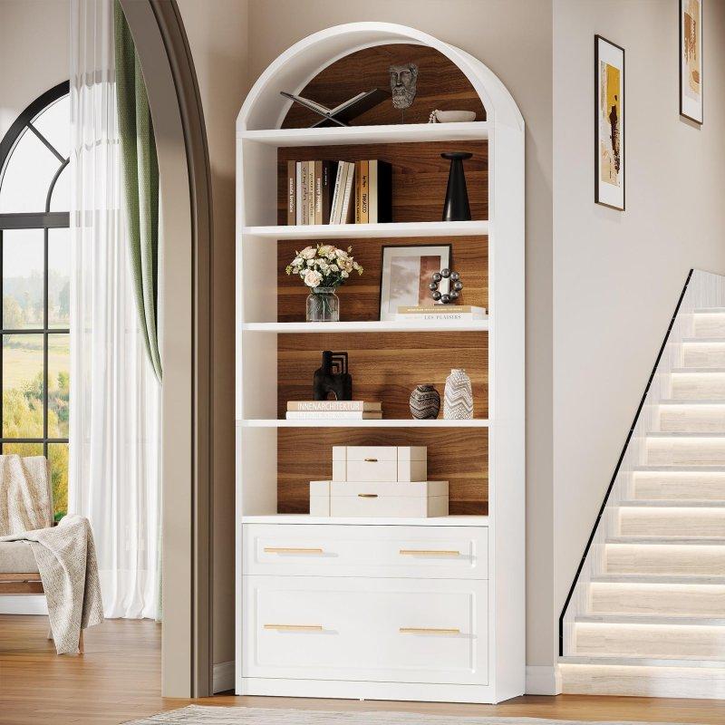 Beyaz MDF Kemerli 5 Raflı Dosya Çekmeceli Kitaplık - 81x30x195 cm - 314831