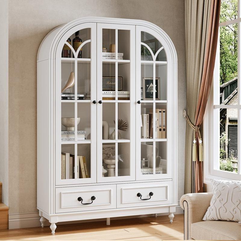 Beyaz MDF Kemerli Çekmeceli Ayarlanabilir Raflı Cam Kapaklı Kitaplık - 170x104x36 cm - 238666