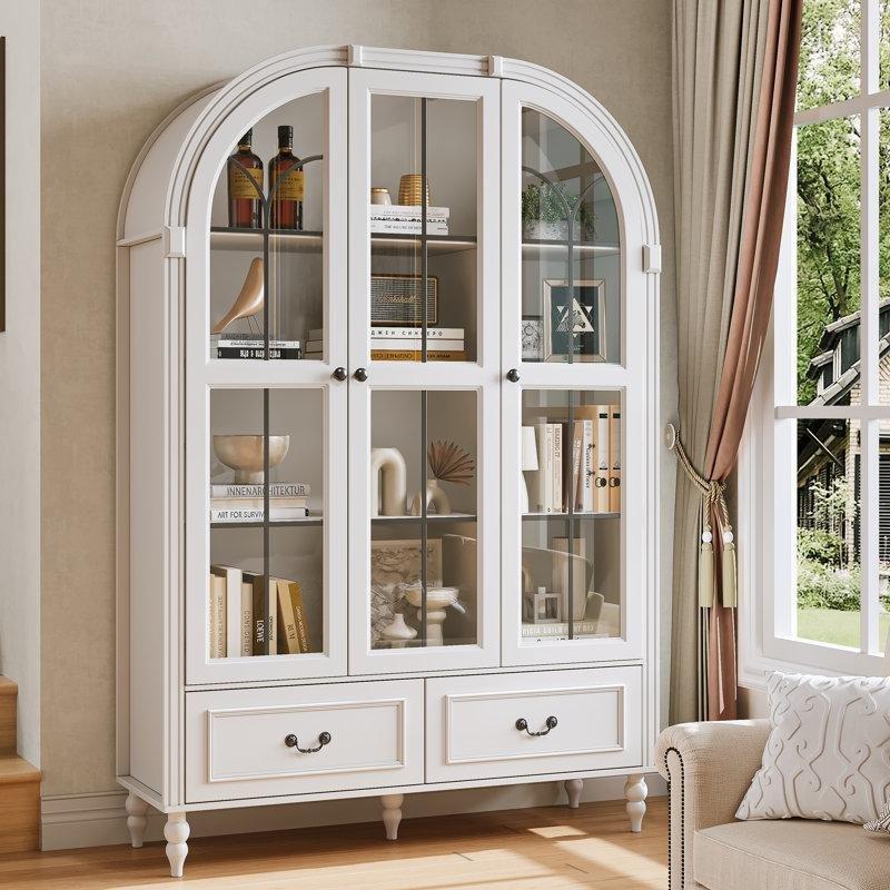 Beyaz MDF Kemerli Çekmeceli Ayarlanabilir Raflı Cam Kapaklı Kitaplık - 180x120x40 cm - 238630