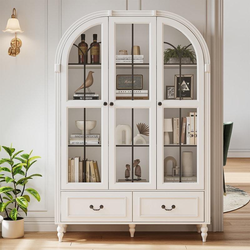 Beyaz MDF Kemerli Çekmeceli Ayarlanabilir Raflı Cam Kapaklı Kitaplık - 180x120x40 cm - 238630