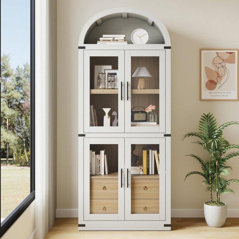 Beyaz MDF Kemerli Çekmeceli Cam Kapaklı Kitaplık - 76x41x182 cm - 238988
