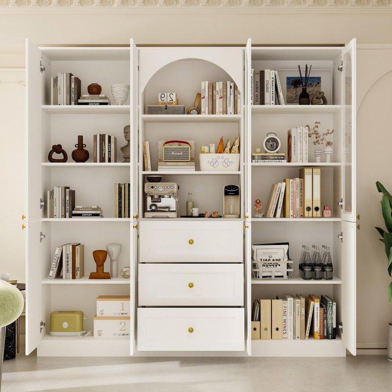 Beyaz MDF Kemerli Çekmeceli Gold Kulplu Cam Kapaklı Kitaplık - 181x181x30 cm - 239451