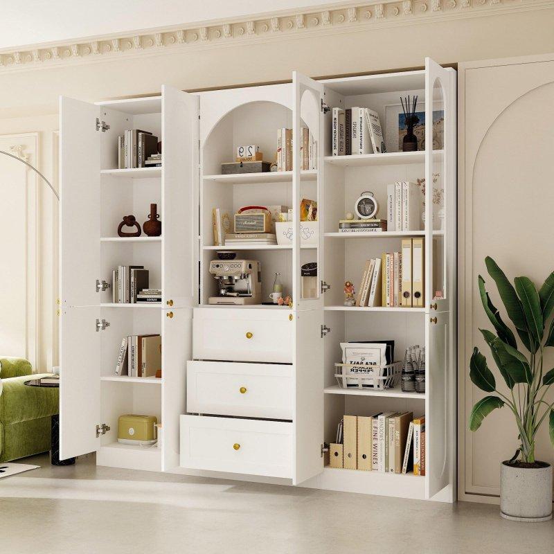 Beyaz MDF Kemerli Çekmeceli Gold Kulplu Cam Kapaklı Kitaplık - 181x181x30 cm - 239451