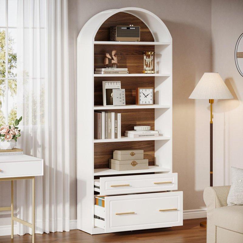 Beyaz MDF Kemerli Tasarım Çekmeceli Kitaplık - 195 cm - 312180
