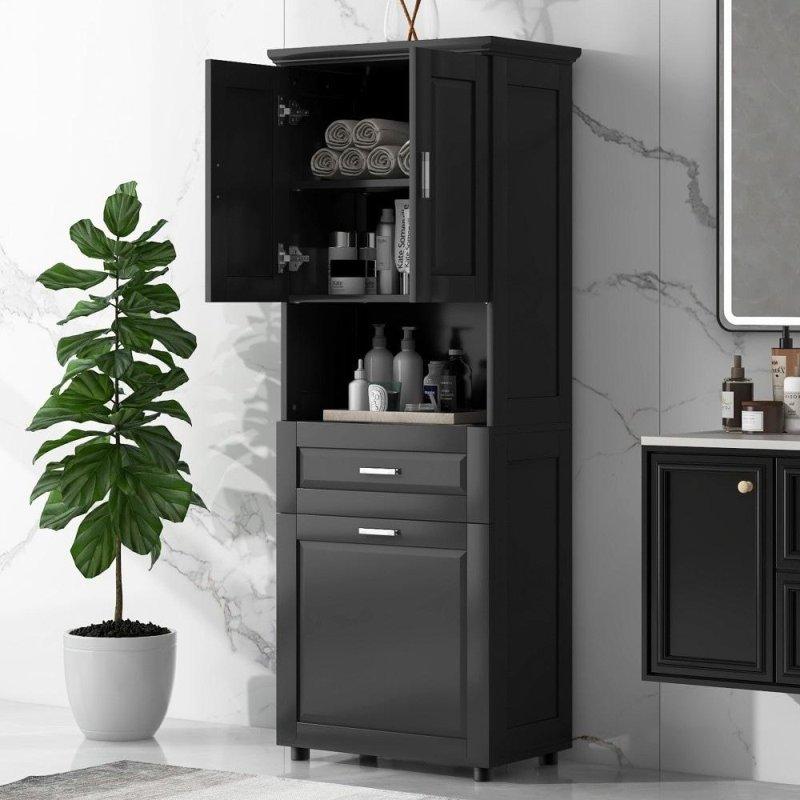 Beyaz MDF Kirli Sepetli Ayarlanabilir Raflı Çok Amaçlı Banyo Dolabı - 334468