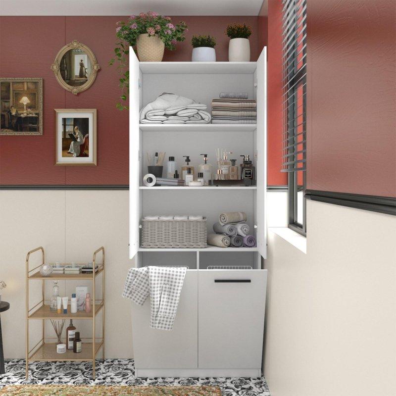 Beyaz MDF Kirli Sepetli Çok Amaçlı Banyo Dolabı - 81x200x35 cm - 334134