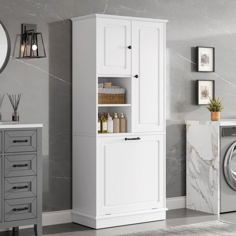 Beyaz MDF Kirli Sepetli ve Ayarlanabilir Raflı Çok Amaçlı Banyo Dolabı - 173 cm - 334168