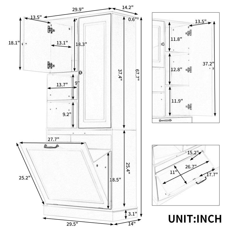 Beyaz MDF Kirli Sepetli ve Ayarlanabilir Raflı Çok Amaçlı Banyo Dolabı - 173 cm - 334168