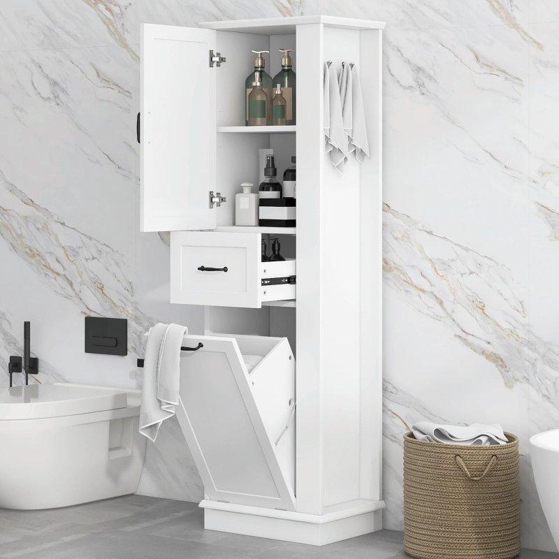 Beyaz MDF Kirli Sepetli ve Ayarlanabilir Raflı Çok Amaçlı Banyo Dolabı - 333385