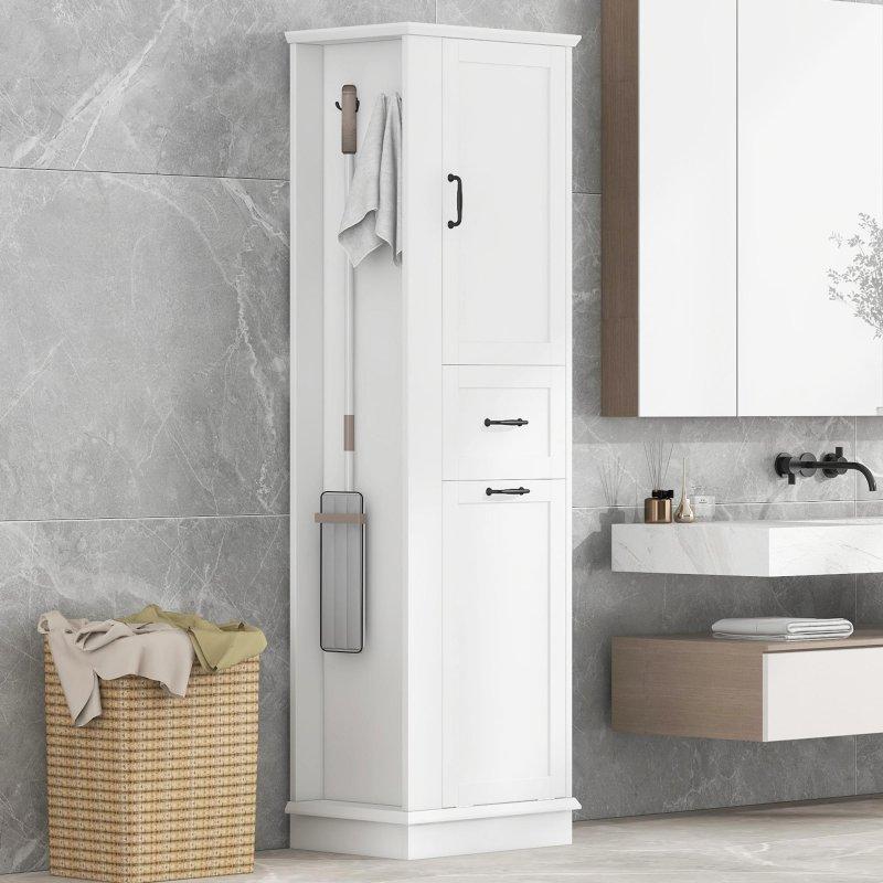 Beyaz MDF Kirli Sepetli ve Ayarlanabilir Raflı Çok Amaçlı Banyo Dolabı - 333385