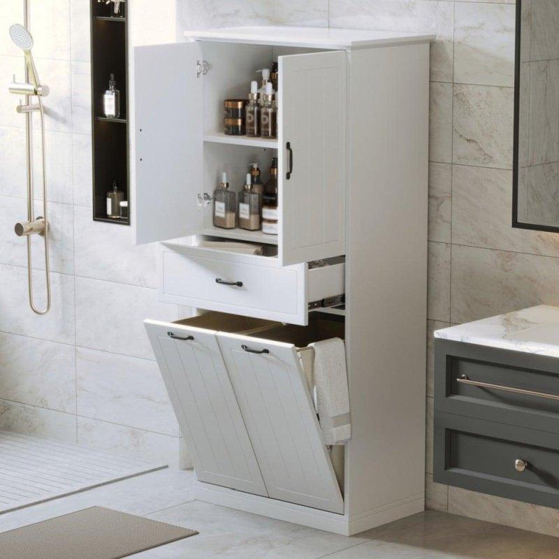 Beyaz MDF Kirli Sepetli ve Çekmeceli Çok Amaçlı Banyo Dolabı - 76x40x168 cm - 333935