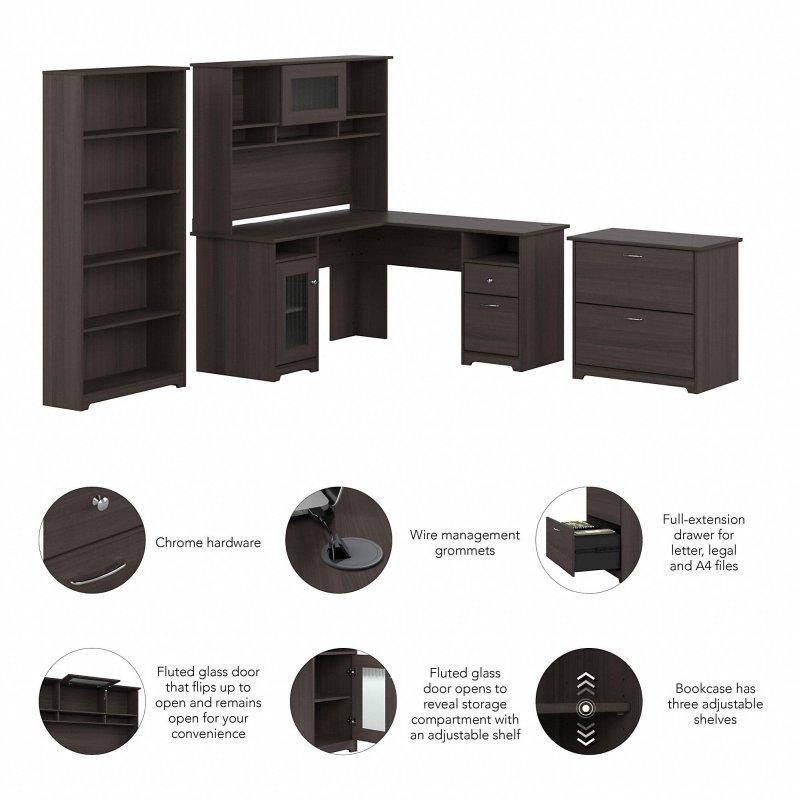 Beyaz MDF Kitaplıklı ve Etejerli L Tipi Ofis Masası Seti - 328046