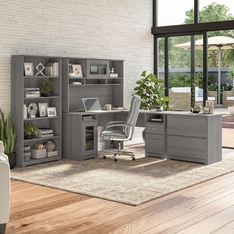 Beyaz MDF Kitaplıklı ve Etejerli L Tipi Ofis Masası Seti - 328046