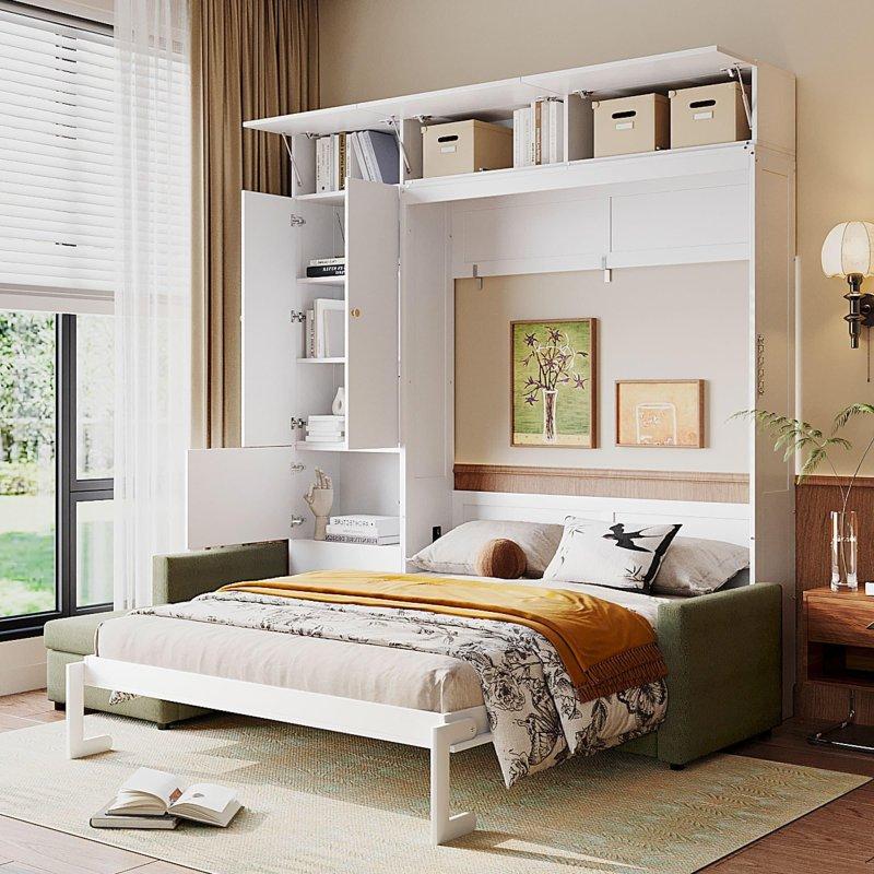 Beyaz MDF L Koltuklu Dolaplı ve Raflı Duvar Yatağı - 260 cm - 262619