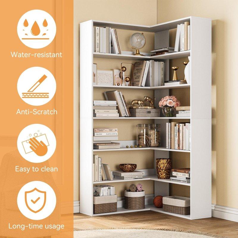 Beyaz MDF L Şeklinde 6 Raflı Köşe Kitaplık - 180 cm - 318027