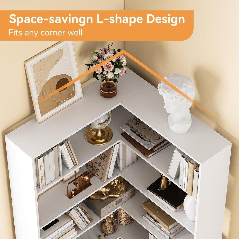 Beyaz MDF L Şeklinde 6 Raflı Köşe Kitaplık - 180 cm - 318027