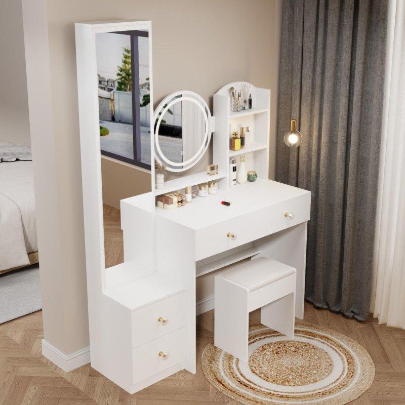 Beyaz MDF LED Aydınlatmalı Aynalı 4 Çekmeceli Tabureli Şifonyer - 111x160x37 cm - 304853