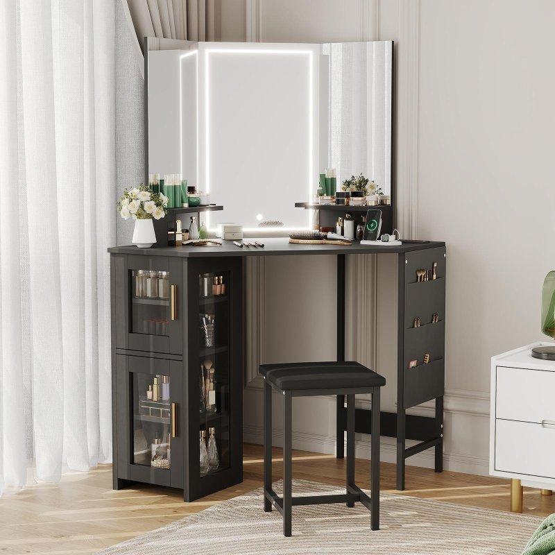 Beyaz MDF LED Aydınlatmalı Aynalı ve Şarj İstasyonlu Köşe Makyaj Masalı Şifonyer - 298226