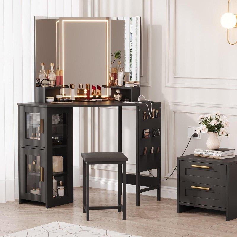 Beyaz MDF LED Aydınlatmalı Aynalı ve Şarj İstasyonlu Köşe Makyaj Masalı Şifonyer - 298226