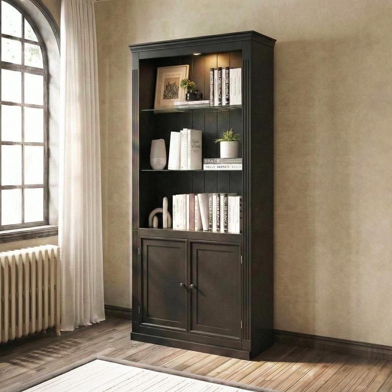 Beyaz MDF LED Aydınlatmalı Cam Raflı Dolaplı Kitaplık - 201 cm - 318767