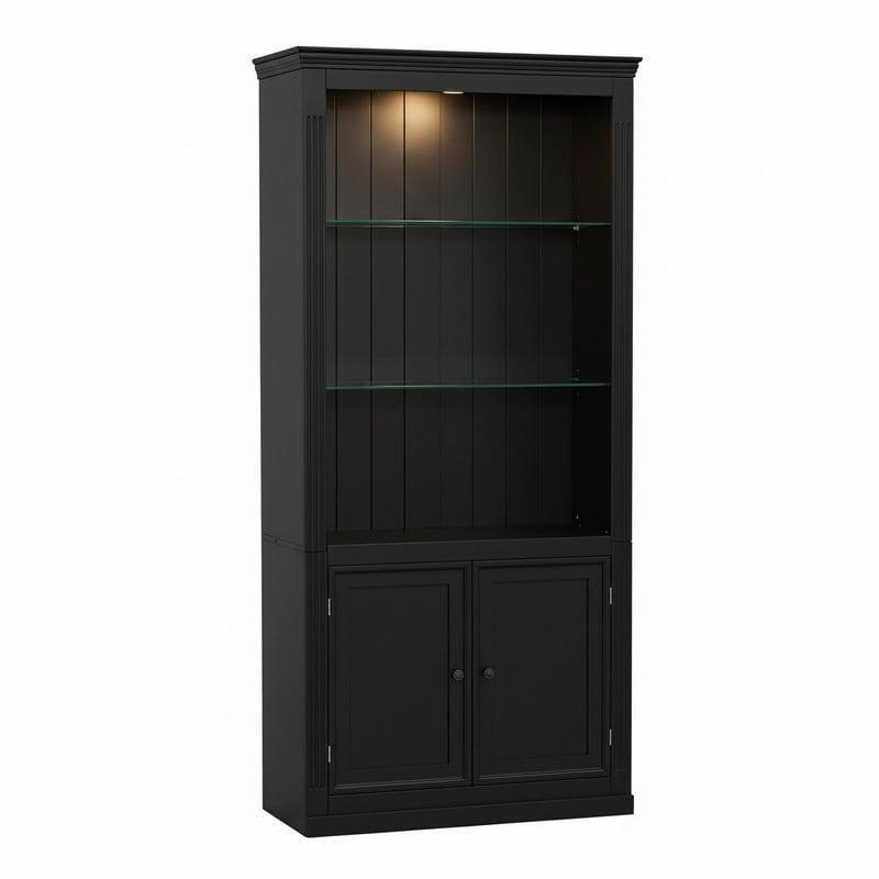 Beyaz MDF LED Aydınlatmalı Cam Raflı Dolaplı Kitaplık - 201 cm - 318767