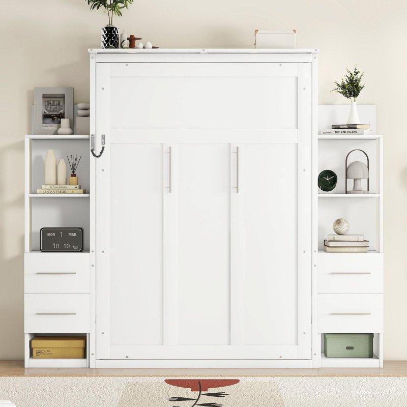 Beyaz MDF LED Aydınlatmalı Raflı ve Çekmeceli Duvar Yatağı - 265468