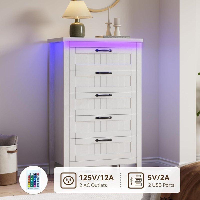Beyaz MDF LED Aydınlatmalı ve Şarj İstasyonlu Dar Şifonyer - 71x40x114 cm - 309728
