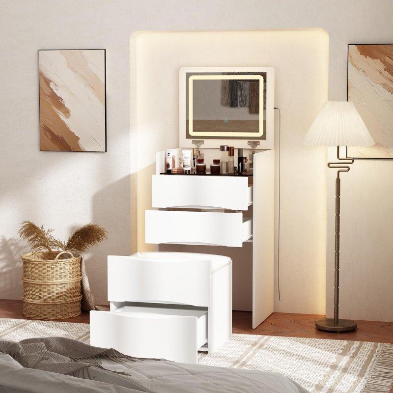 Beyaz MDF LED Aynalı Tabureli 4 Çekmeceli Makyaj Masalı Şifonyer - 48x120x40 cm - 303090