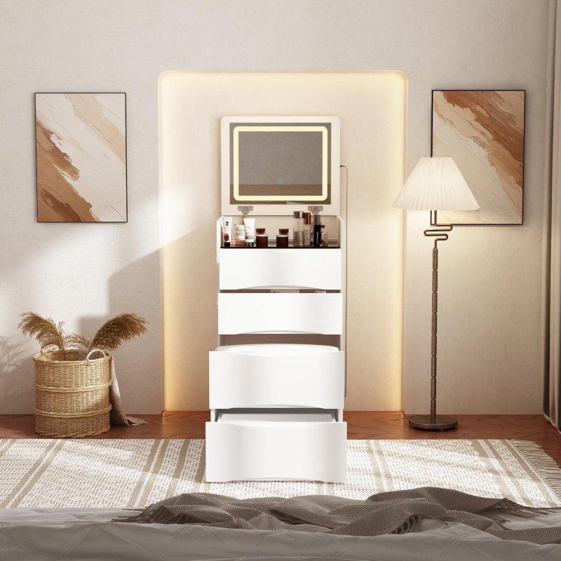 Beyaz MDF LED Aynalı Tabureli 4 Çekmeceli Makyaj Masalı Şifonyer - 48x120x40 cm - 303090