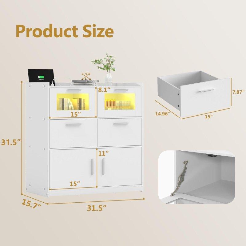 Beyaz MDF LED Işıklı ve Prizli 6 Çekmeceli Parlak Şifonyer - 81x40x81 cm - 307817