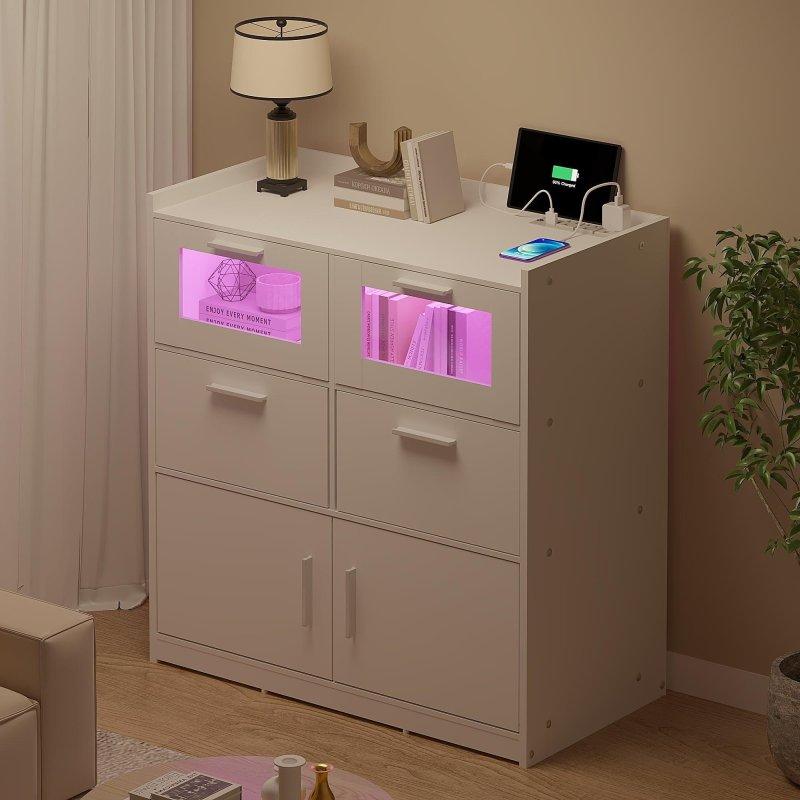 Beyaz MDF LED Işıklı ve Prizli 6 Çekmeceli Parlak Şifonyer - 81x40x81 cm - 307817