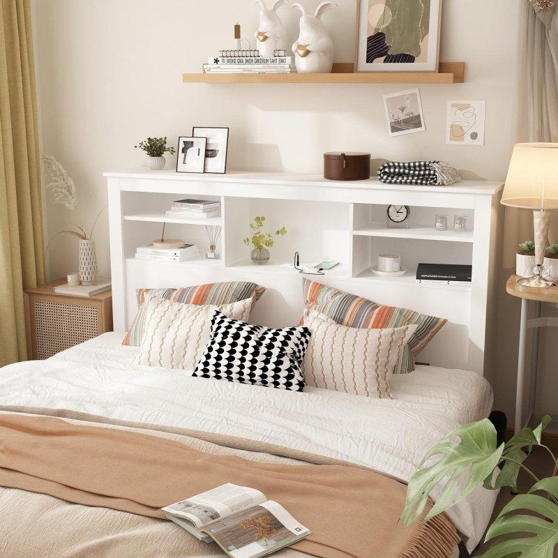 Beyaz MDF LED Işıklı ve Raflı Yatak Başlığı - 166 cm - 335235