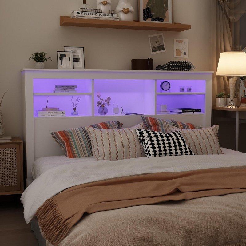 Beyaz MDF LED Işıklı ve Raflı Yatak Başlığı - 166 cm - 335235