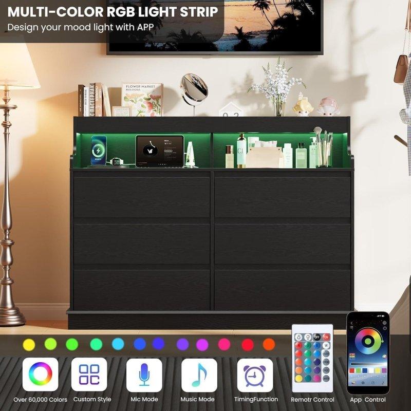 Beyaz MDF LED Işıklı ve Şarj İstasyonlu 6 Çekmeceli Şifonyer - 129x60x37 cm - 297442