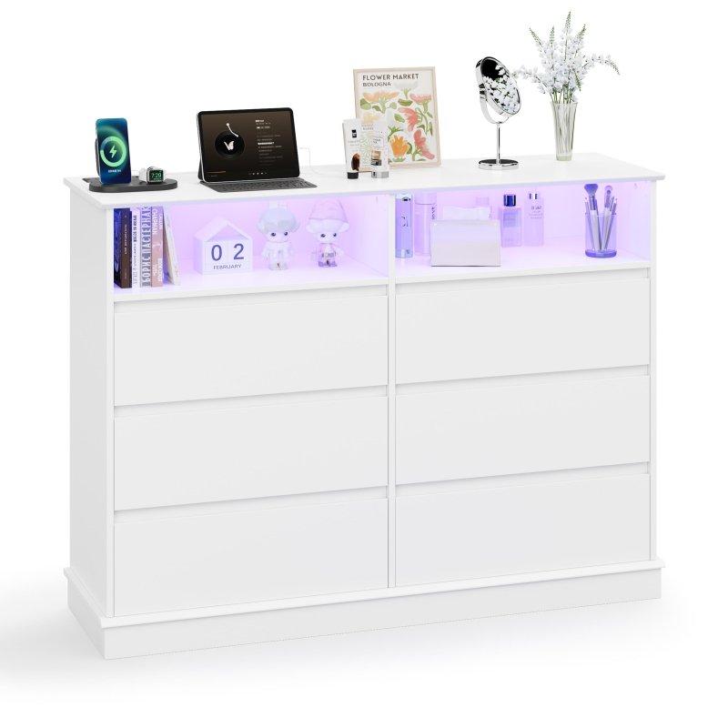 Beyaz MDF LED Işıklı ve Şarj İstasyonlu 6 Çekmeceli Şifonyer - 310784
