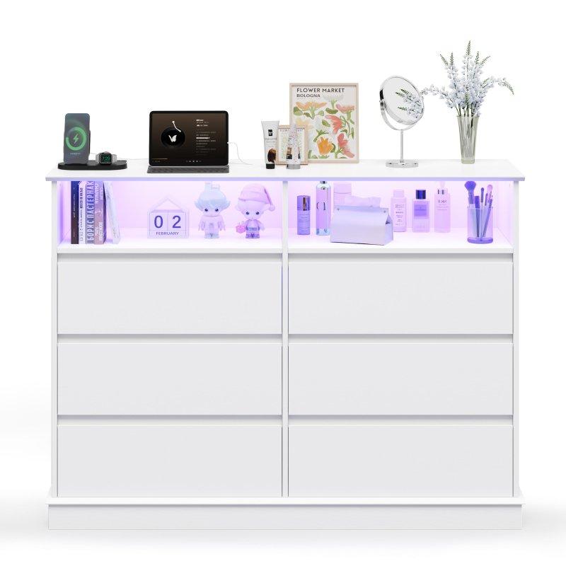 Beyaz MDF LED Işıklı ve Şarj İstasyonlu 6 Çekmeceli Şifonyer - 310784