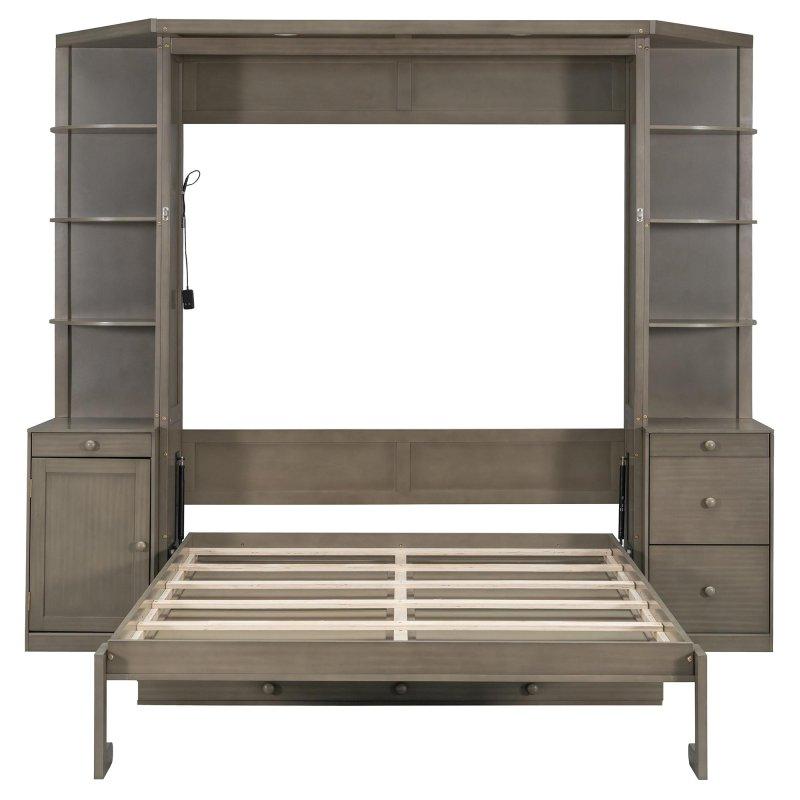 Beyaz MDF Masalı Raflı ve LED Aydınlatmalı Çift Kişilik Duvar Yatağı - 265729