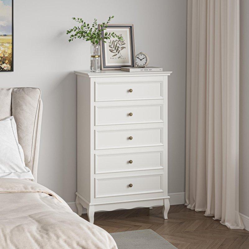 Beyaz MDF Masif Ahşap Bacaklı 5 Çekmeceli Dalgalı Tasarım Şifonyer - 72x41x120 cm - 302884