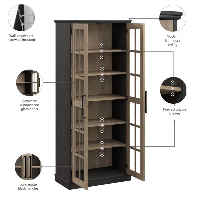 Beyaz MDF Mat Siyah Kulplu ve Ayarlanabilir Raflı Cam Kapaklı Kitaplık - 80x40x183 cm - 239137