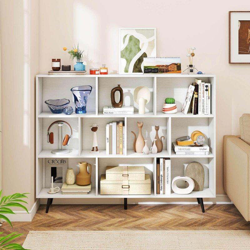 Beyaz MDF Metal Ayaklı 10 Bölmeli Modern Kitaplık - 140x24x107 cm - 320795