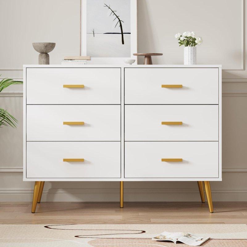 Beyaz MDF Metal Ayaklı 6 Çekmeceli Gold Kulplu Şifonyer - 307739