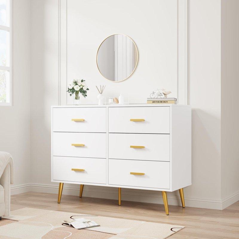 Beyaz MDF Metal Ayaklı 6 Çekmeceli Gold Kulplu Şifonyer - 307739