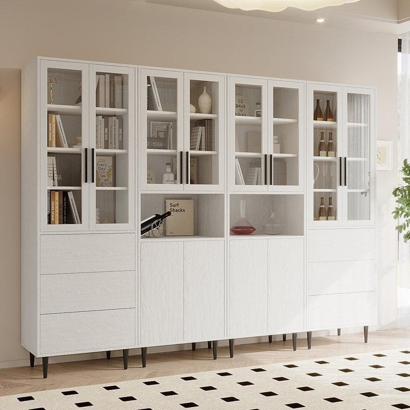 Beyaz MDF Metal Çekmeceli 18 Raflı Cam Kapaklı Kitaplık - 240x40x181 cm - 238424