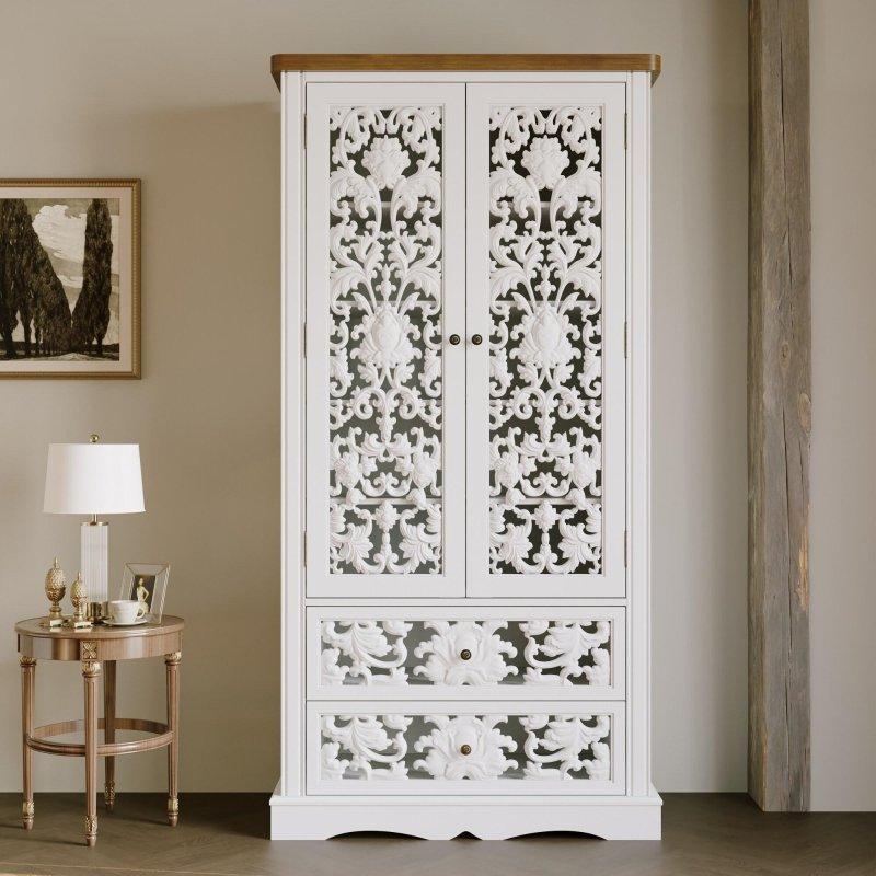 Beyaz MDF Oymalı Çekmeceli Ahşap Tablalı Cam Kapaklı Kitaplık - 85x168x40 cm - 239204