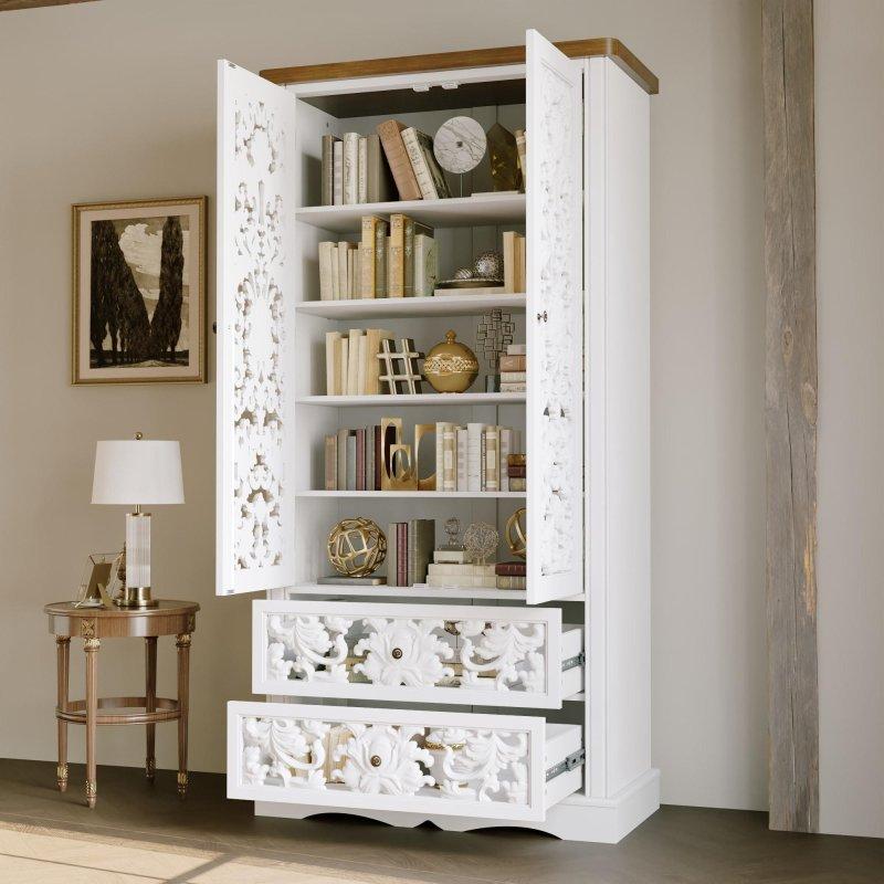Beyaz MDF Oymalı Çekmeceli Ahşap Tablalı Cam Kapaklı Kitaplık - 85x168x40 cm - 239204