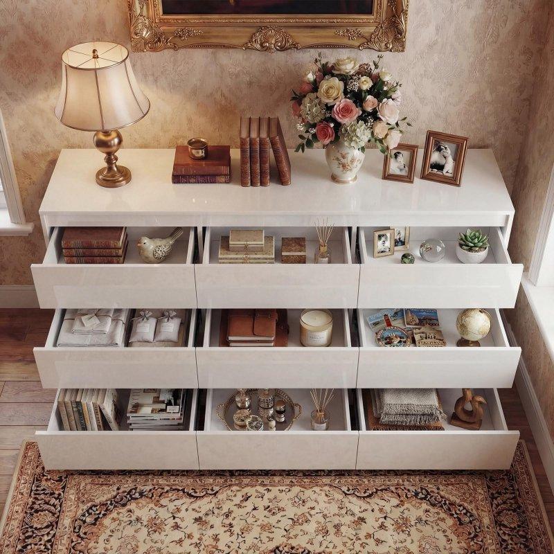 Beyaz MDF Parlak Yüzeyli 9 Çekmeceli Şifonyer - 161x81x40 cm - 311785