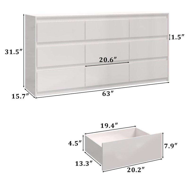 Beyaz MDF Parlak Yüzeyli 9 Çekmeceli Şifonyer - 161x81x40 cm - 311785
