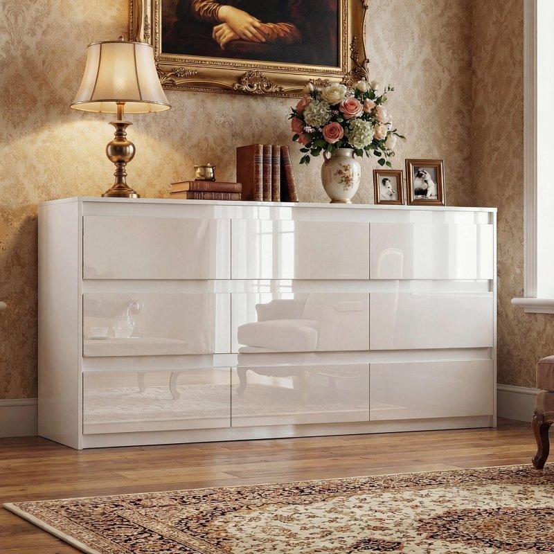Beyaz MDF Parlak Yüzeyli 9 Çekmeceli Şifonyer - 161x81x40 cm - 311785